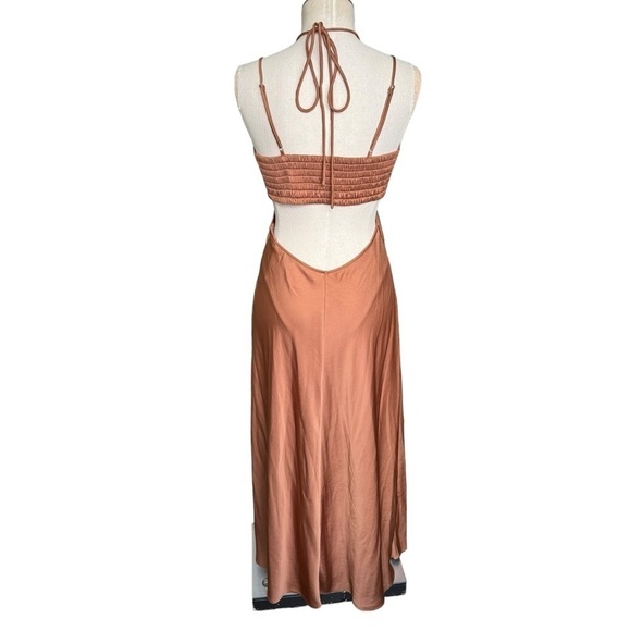 A.L.C. Sienna Cut Out Shirred Satin Midi Dress in Rawhide Brown Size:6 - Picture 11 of 14